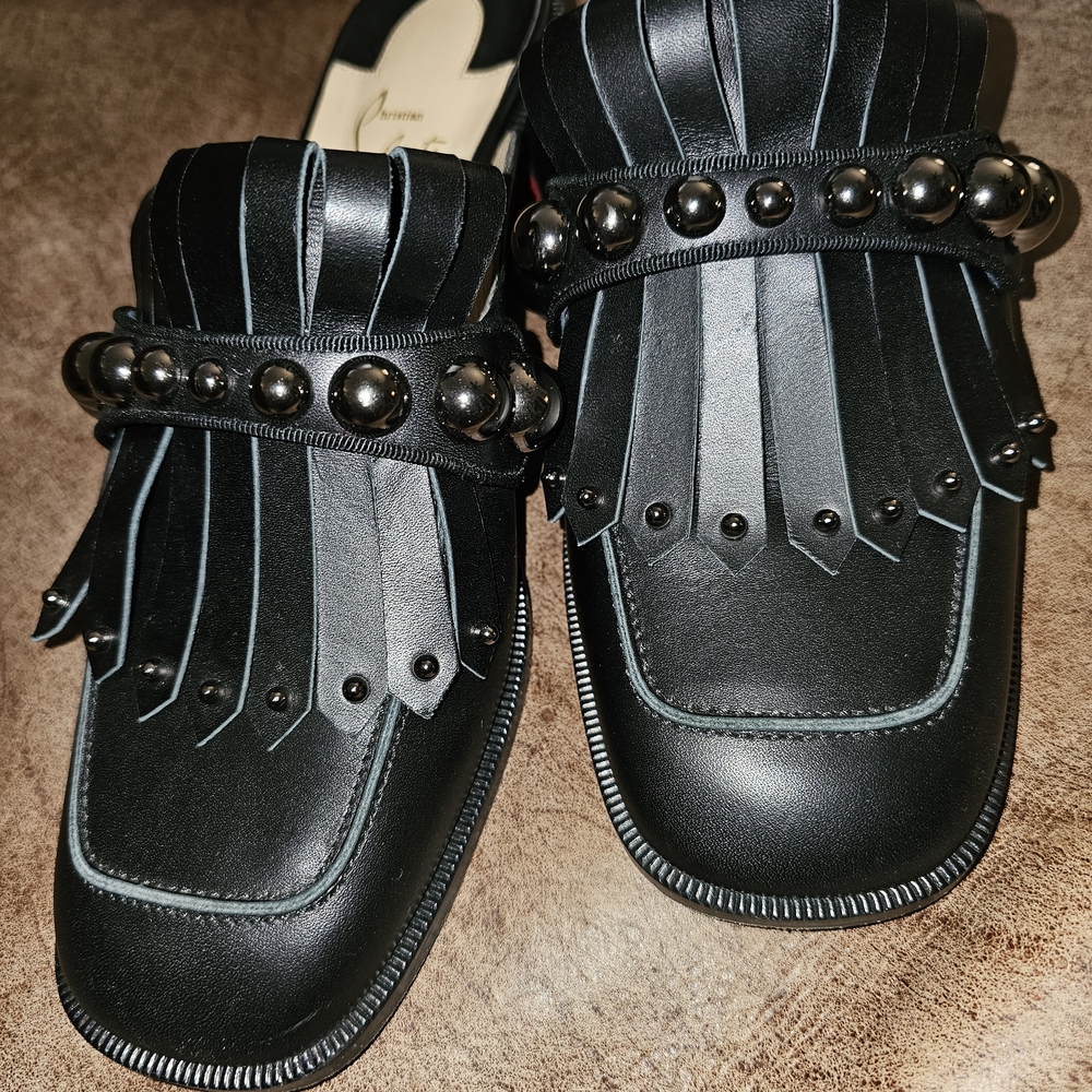 Christian Louboutin Black Studded Fringe Leather Mules